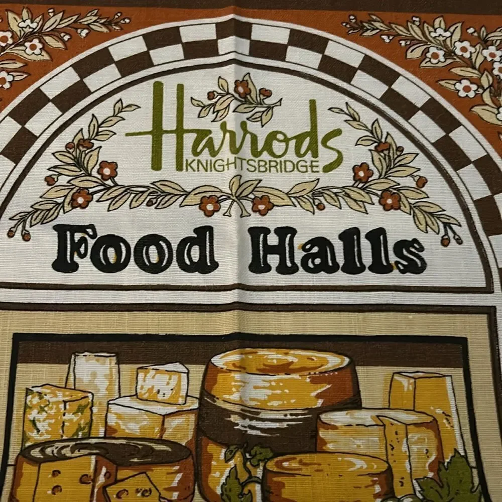 Vintage Harrods food Halls 1960s cheese tea towel Size 18 1/2” x 30”